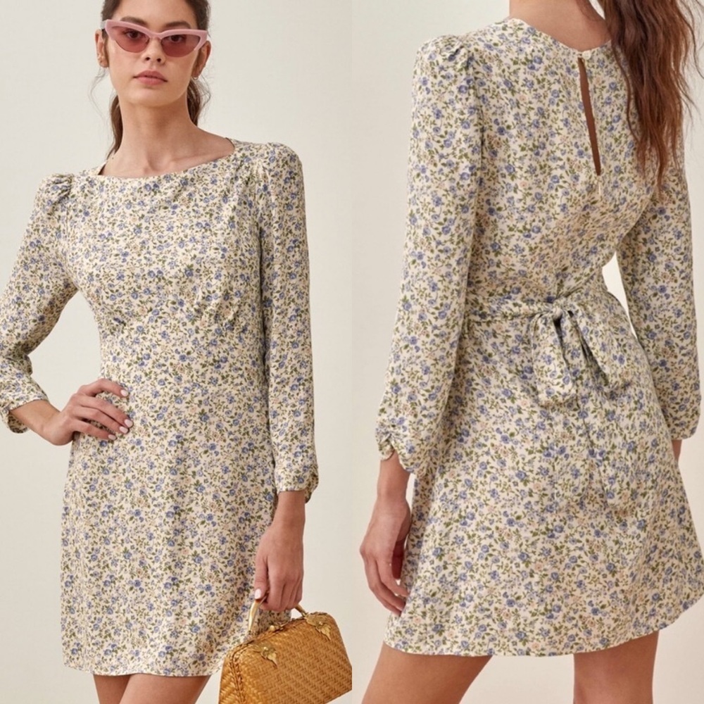 Reformation Tamra Dressβ Pixie Floral Blue White Size 2 Tie Waist Mini Puff Boho